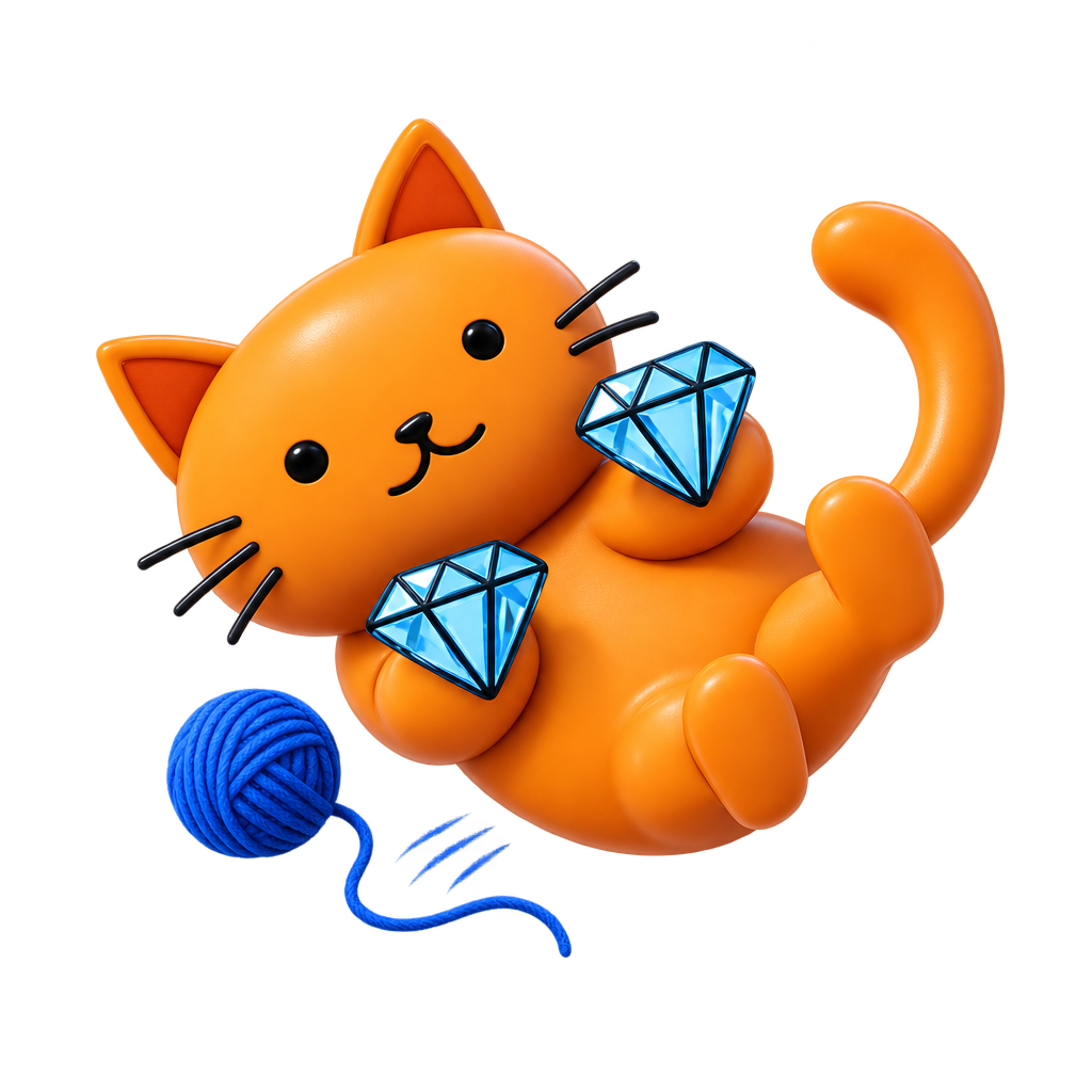 Diamond Paws mid-stretch, reaching toward a ball of blue yarn