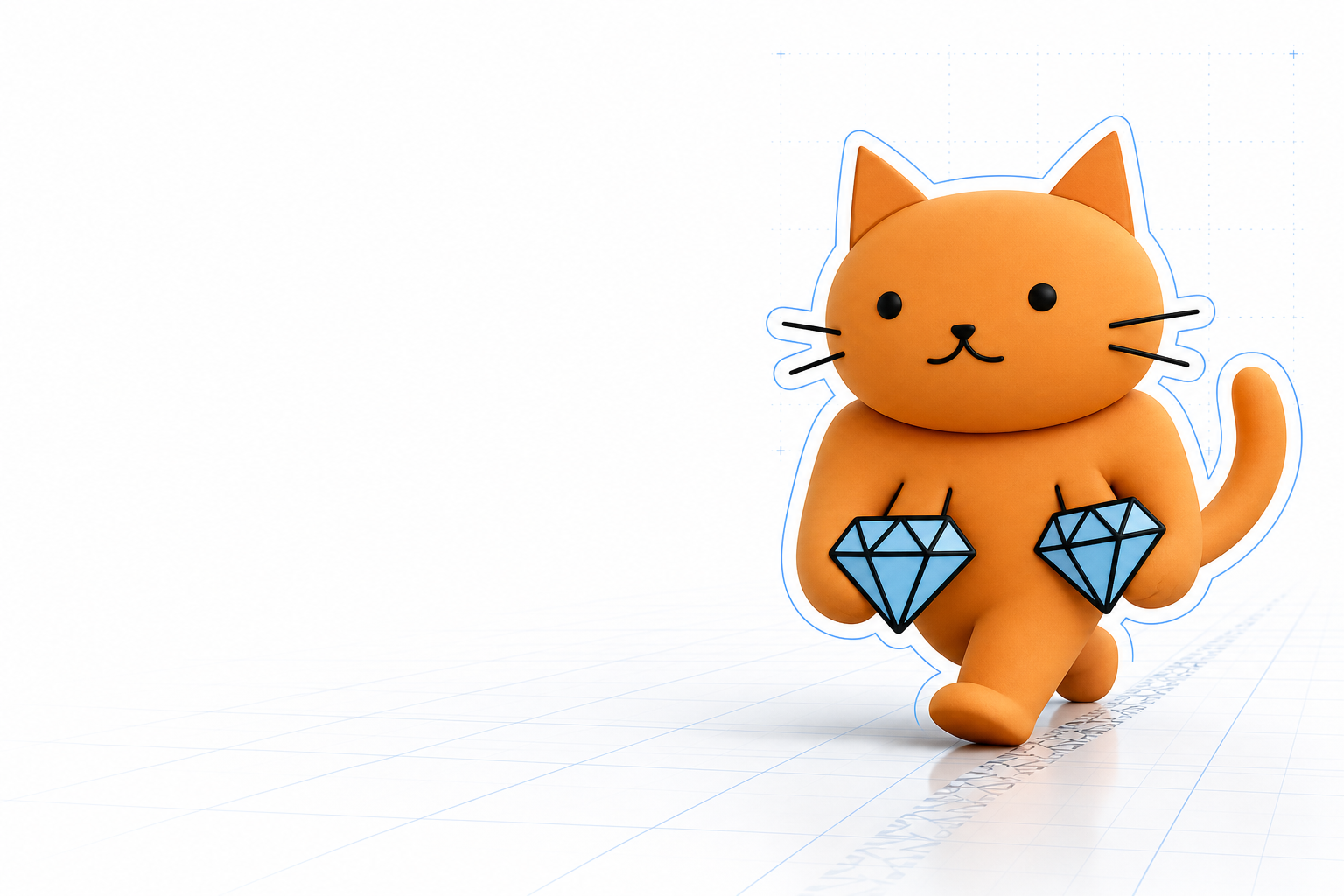 Diamond Paws walking across a blueprint-gridded studio floor, outlined like a spec callout